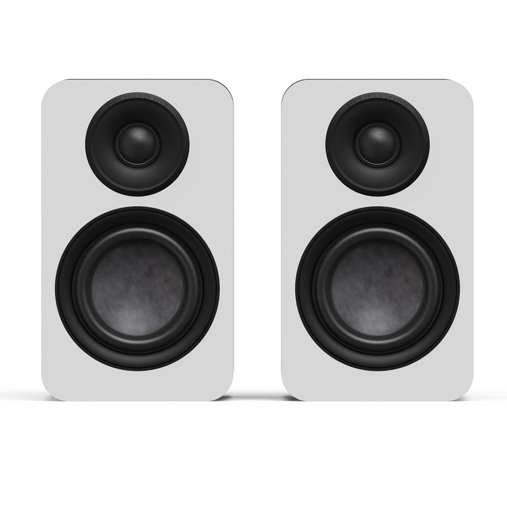 Matte white passive bookshelf speaker pair, black silk-dome tweeters and 4-inch woofers