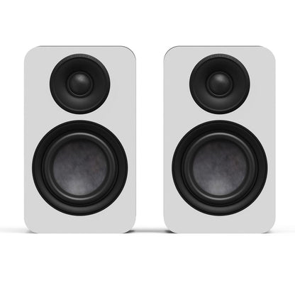 Matte white passive bookshelf speaker pair, black silk-dome tweeters and 4-inch woofers