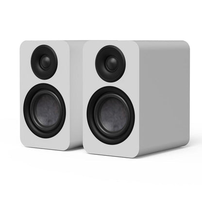 Matte white passive bookshelf speaker with black tweeter and 4-inch woofer, side angle