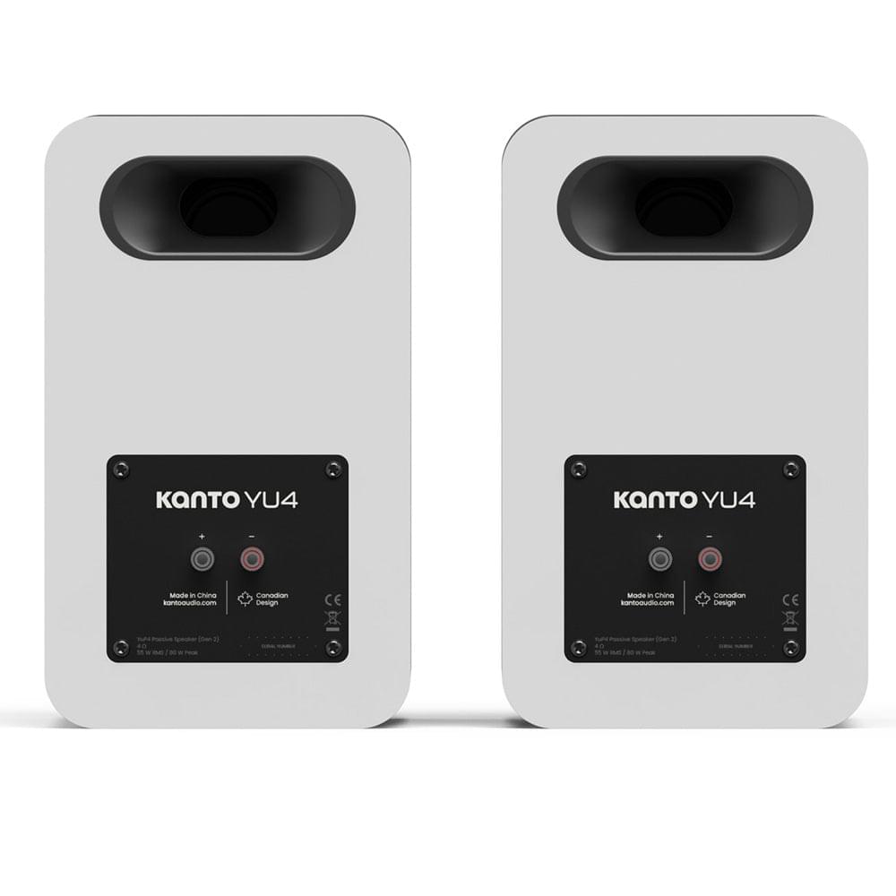 Matte white passive bookshelf speakers rear panels with Kanto YU4 markings and ports