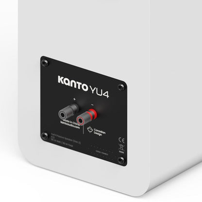 Matte white speaker rear plate with Kanto YU4 label, red/blue binding posts and ports