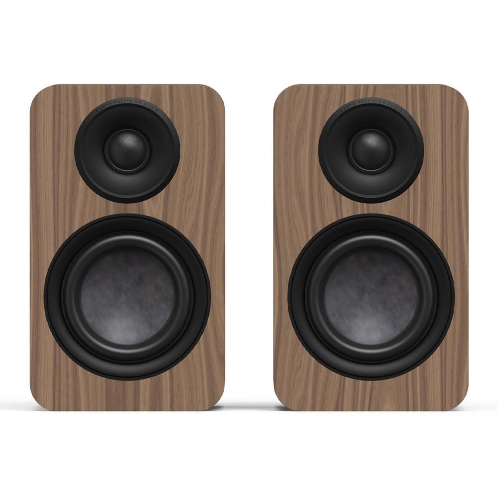 Matte walnut powered bookshelf speaker pair with black woofer and tweeter grilles