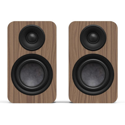 Matte walnut powered bookshelf speaker pair with black woofer and tweeter grilles
