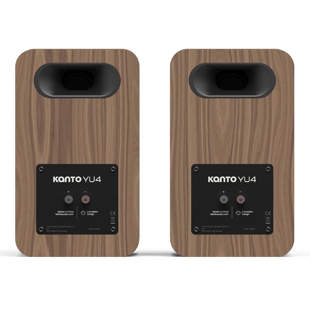 Matte walnut powered bookshelf speakers, front view with control panel and port labels