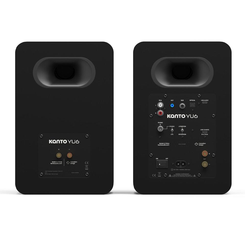 Matte black powered bookshelf speaker pair back panels with input and control labels