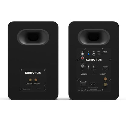 Matte black powered bookshelf speaker pair back panels with input and control labels
