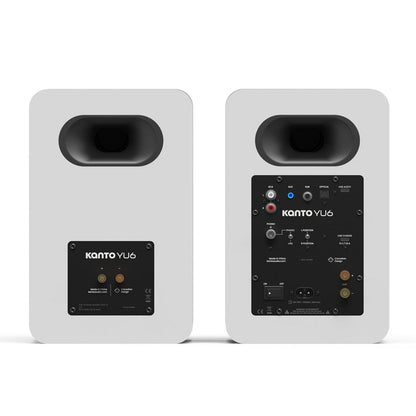 Matte white powered bookshelf speakers, rear panel with input controls and ports