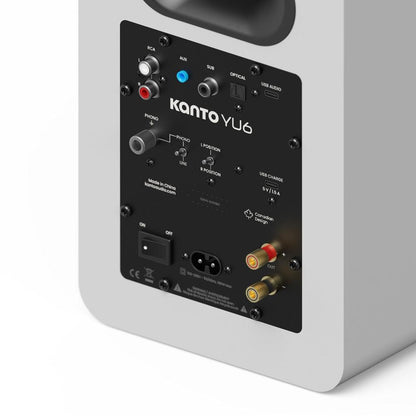 Matte white speaker rear input panel with RCA, AUX, optical, and USB ports