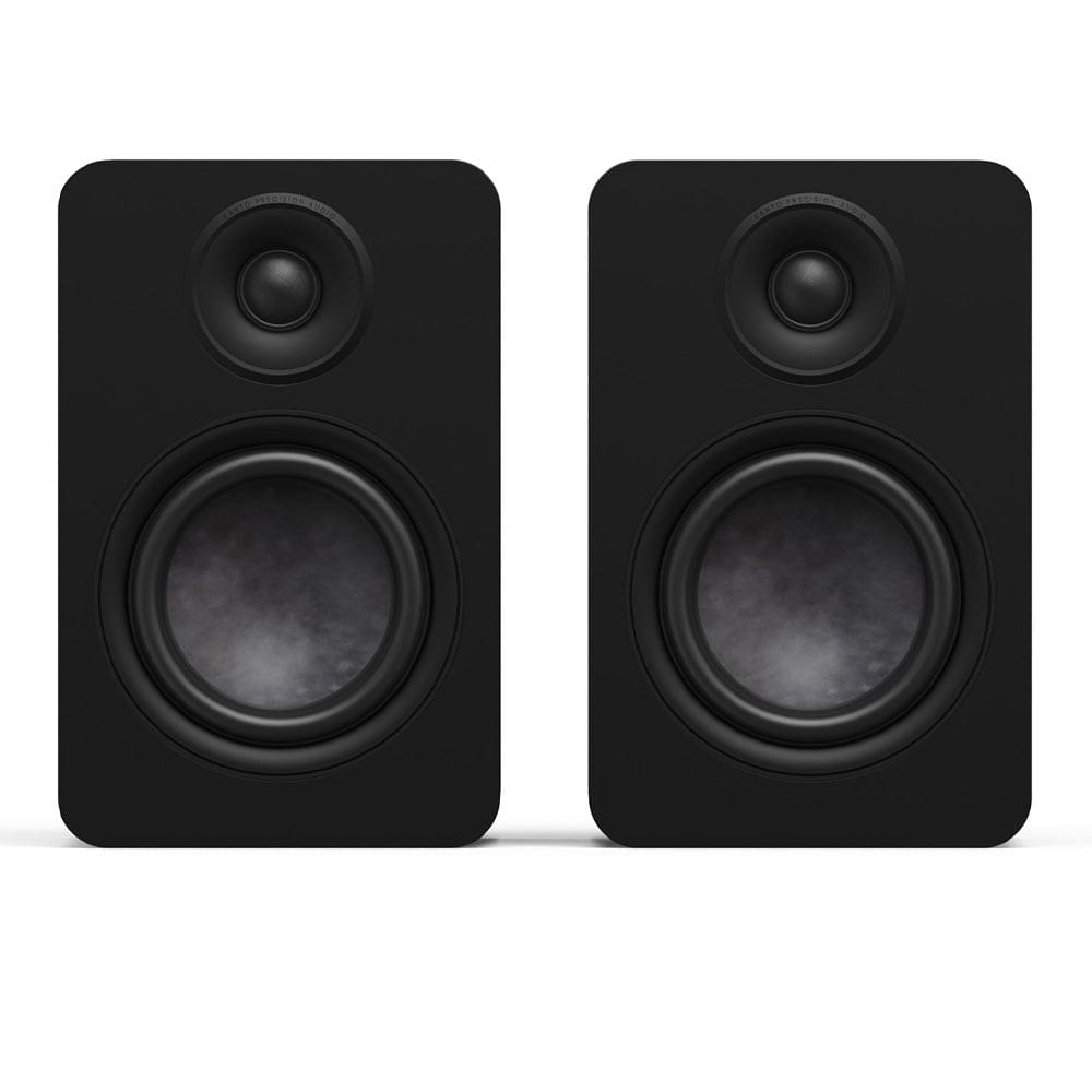 Matte black Kanto YU6 passive bookshelf speaker, front with tweeter and woofer