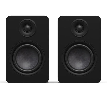 Matte black Kanto YU6 passive bookshelf speaker, front with tweeter and woofer