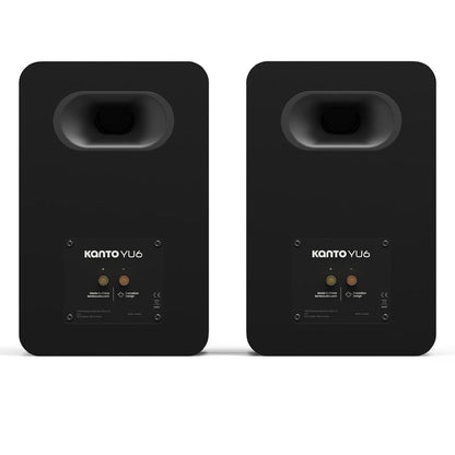 Matte black Kanto YU6 passive bookshelf speaker, rear panel with audio terminals