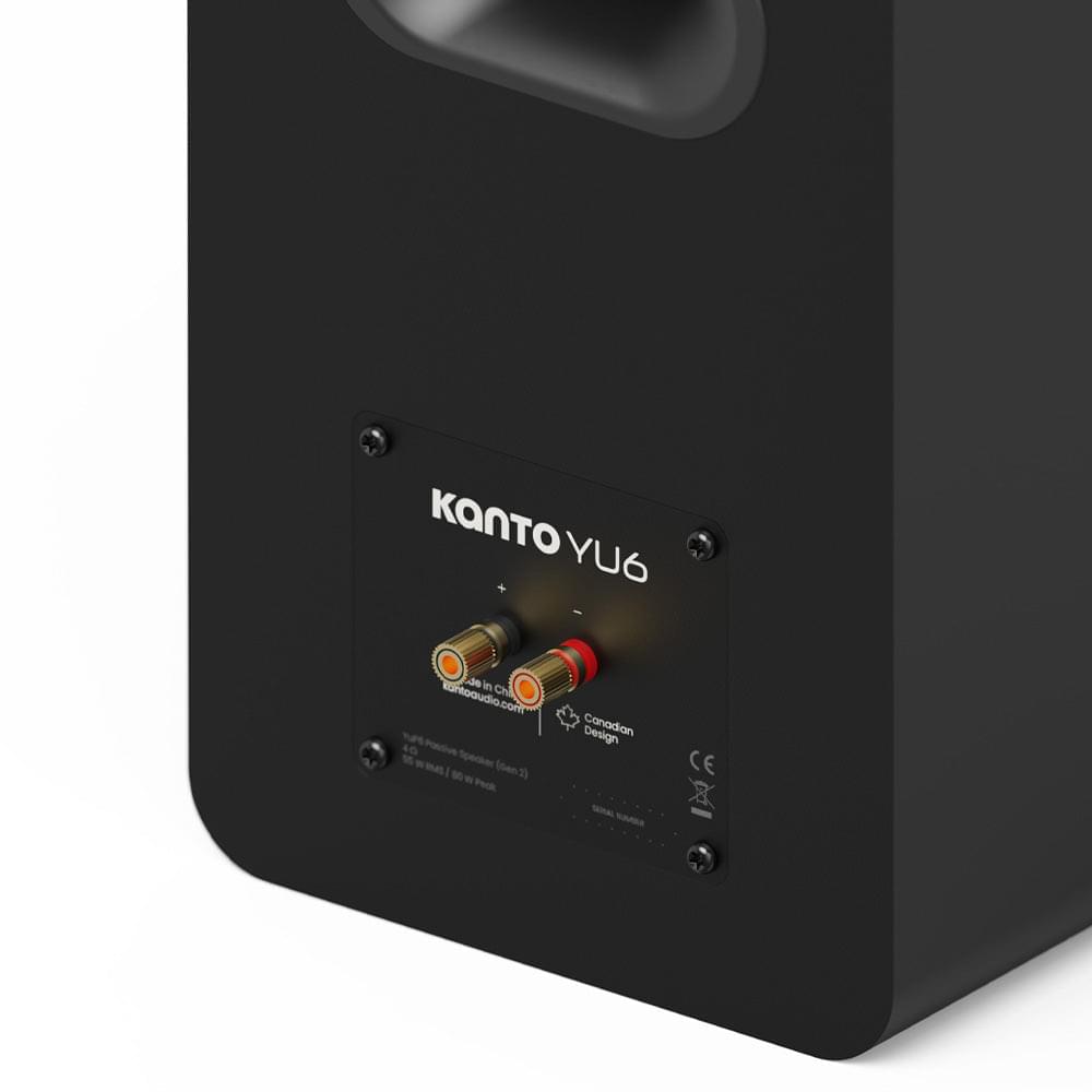 Matte black Kanto YU6 passive bookshelf speaker, close-up rear binding posts panel
