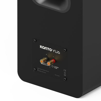 Matte black Kanto YU6 passive bookshelf speaker, close-up rear binding posts panel
