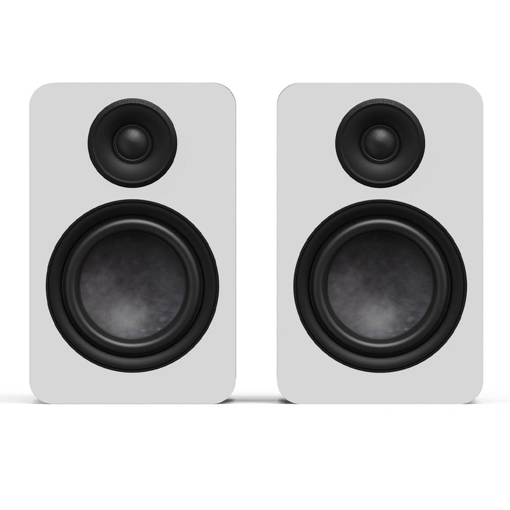 Matte white passive bookshelf speaker pair with black tweeter and woofer drivers