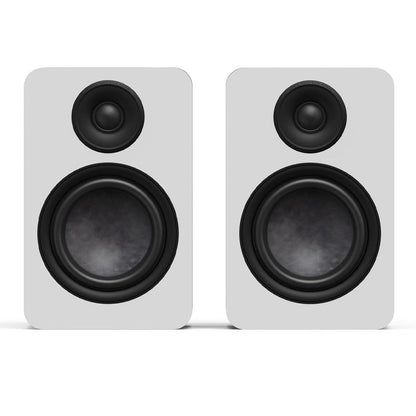 Matte white passive bookshelf speaker pair with black tweeter and woofer drivers