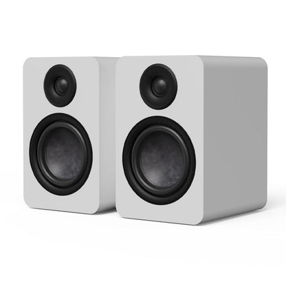 Matte white passive bookshelf speaker pair angled view with black tweeters and woofers