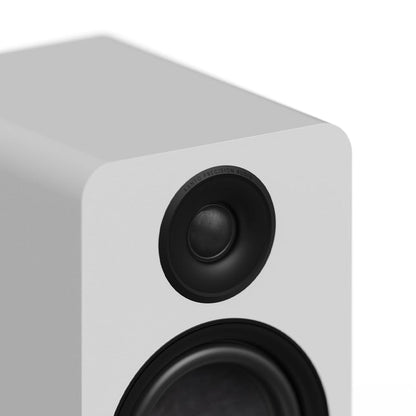 Matte white passive bookshelf speaker with black silk-dome tweeter and woofer