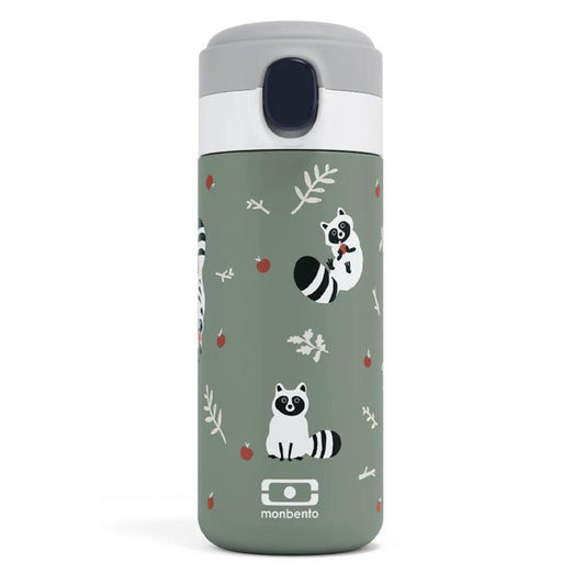 Insulated water bottle with green raccoon print and gray flip lid