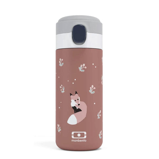 Fox-pattern insulated bottle with gray lid, navy flip button, terracotta graphic body