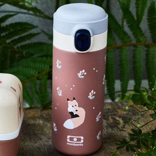 Fox-pattern insulated water bottle with gray lid and navy button, terracotta finish