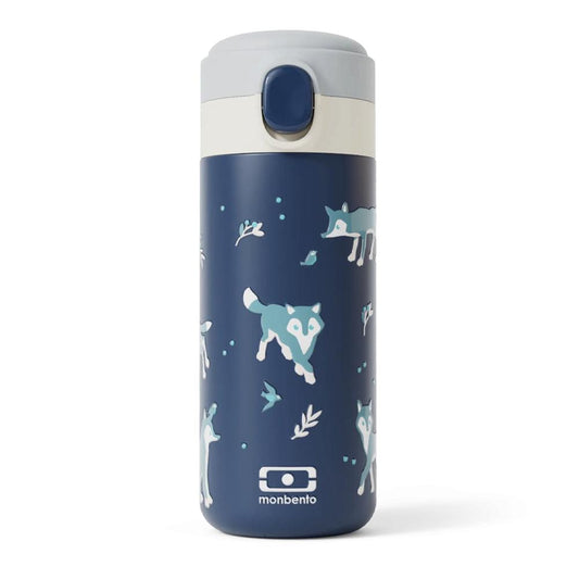 Insulated kids bottle with navy wolf pattern and blue push-button lid