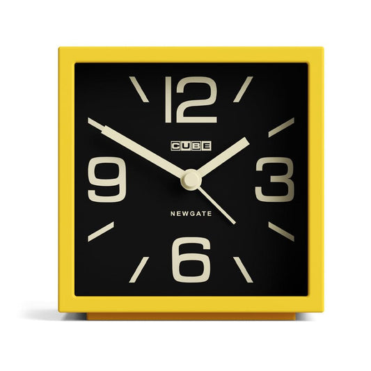 Newgate Cube mantel clock, citrus yellow frame with black dial and gold numbers