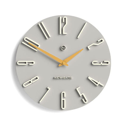 Grey wall clock face with metal stick markers, gold hands, and Newgate logo