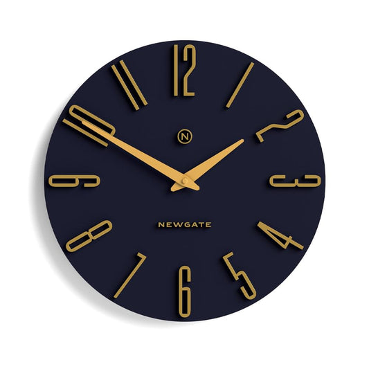 Petrol blue wall clock with gold hour markers and hands, Newgate logo