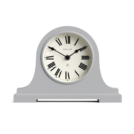 Grey arched mantel clock with white Roman dial, black hands and Newgate mark