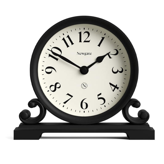 Black mantel clock front view with cream dial and Newgate logo