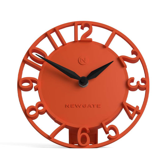 Orange Newgate mantel clock with open frame Roman numerals and black hands