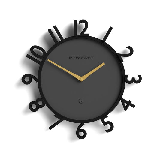 Newgate Monorail wall clock, dark round face with black frame and gold hands