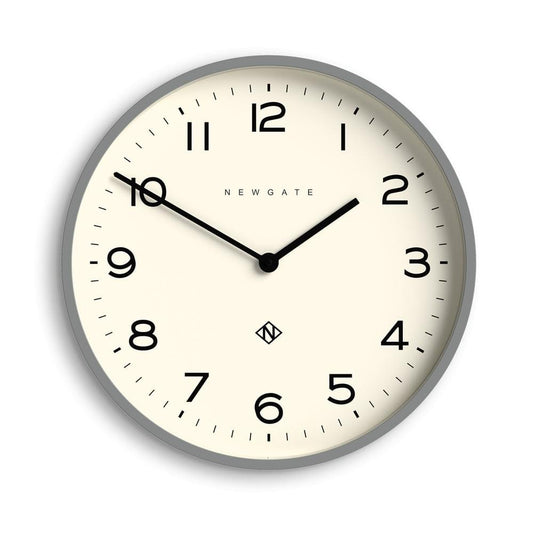 Grey framed round wall clock, cream dial with black hands and large numerals