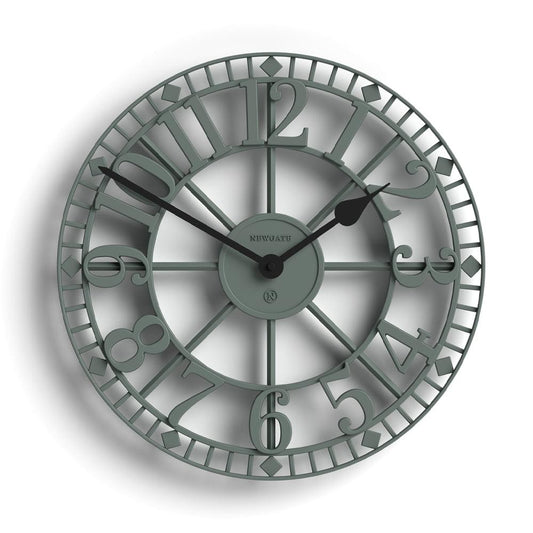 Asparagus green round wall clock with Roman numerals and decorative scroll hands