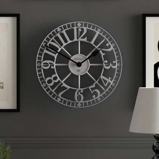 Grey wall clock with Roman numerals and decorative clockwork-style dial