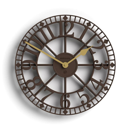 Mocha brown round wall clock with skeleton-style hands and Roman numeral dial