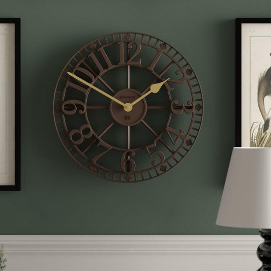 Mocha brown wall clock with ornate Roman numerals and curled hour markers