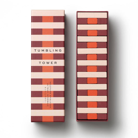 Tumbling tower game set with red and cream striped blocks in a gift box