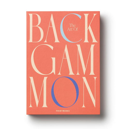 Printworks red backgammon art game box with large typographic lettering on the cover