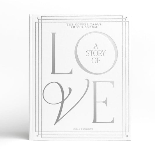 White wedding photo album cover with “A STORY OF LOVE” typography in gray