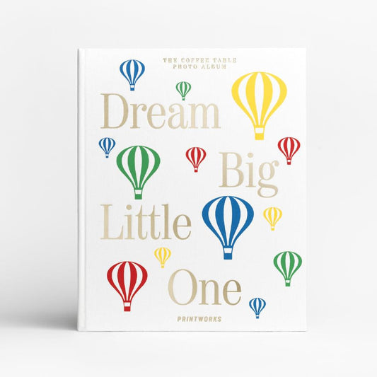 Beige baby photo album cover with hot-air balloons and Dream Big Little One text