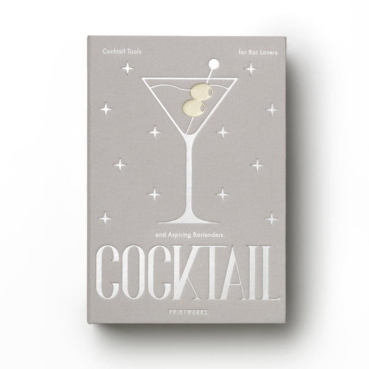 Grey cocktail tools box with martini graphic and star pattern