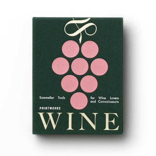 Green wine tools gift box with pink grape vine graphic and 'WINE' title