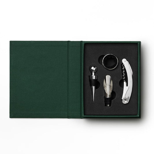 Open green wine tools box with four stainless accessories in black insert