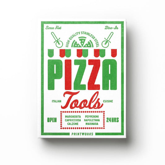 Pizza tools card with green and red 'Pizza Tools' lettering and utensil icons