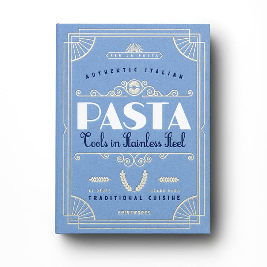 Blue pasta tool set box with Pasta label and decorative border
