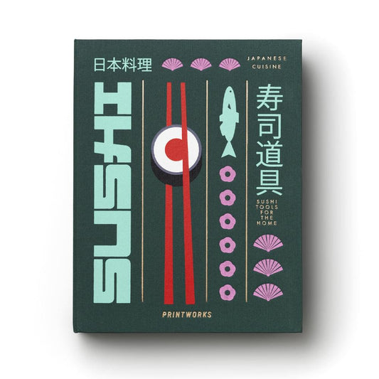 Dark green sushi tools gift box with Japanese graphic design