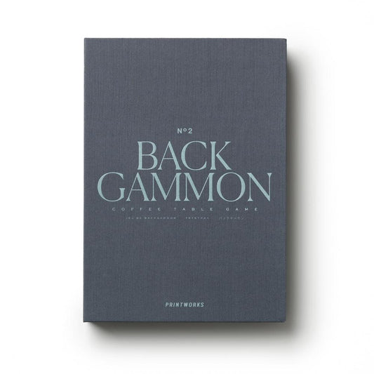 Backgammon game box in dark grey-blue with Back Gammon typography