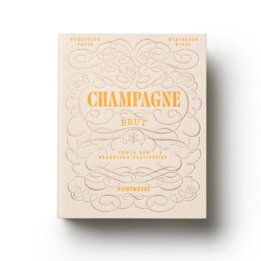 Beige box for champagne tools with gold “Champagne Brut” design