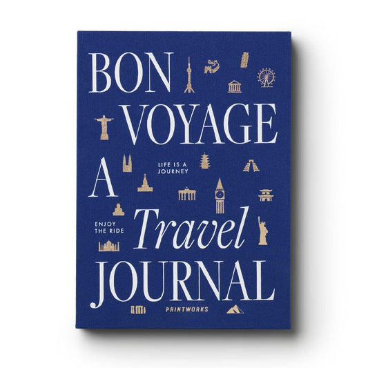 Blue travel journal cover with “Bon Voyage” text and small landmark icons